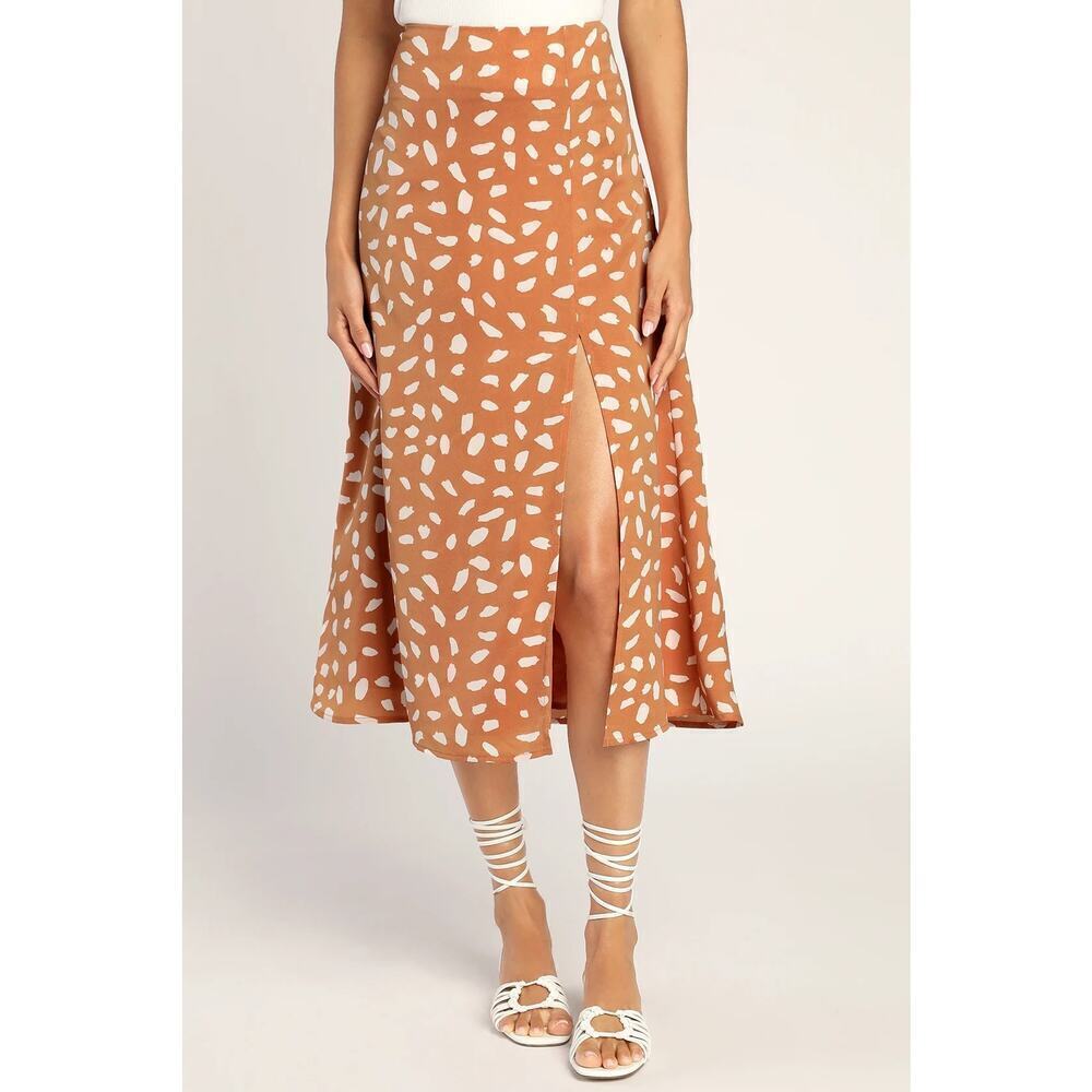 Lulus Getting Glam Skirt Abstract Print Side Slit Midi Peach & White NWT Small